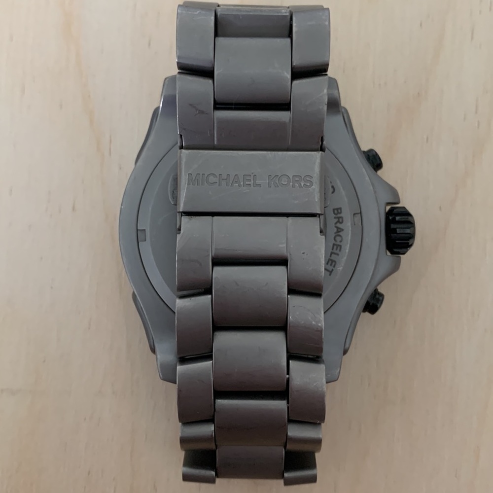 Michael Kors Gunmetal Bracelet Watch with Black Bezel and Blue Dial Accents 44mm - Picture 4 of 5